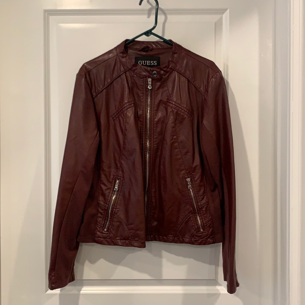 Guess Womens Faux-Leather Moto Jacket. Size XXL. Color: maroon